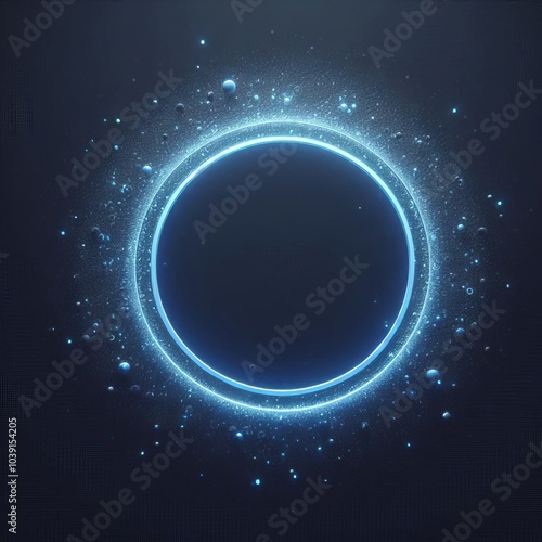 double blue sphere or circle in blue light, floating amidst a vast, star-studded cosmos on black dark background