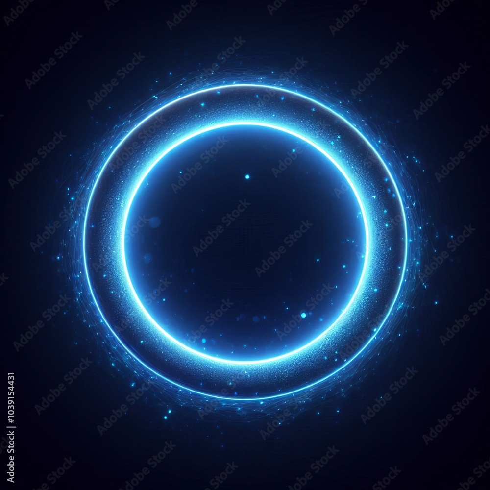 Fototapeta premium double blue sphere or circle in blue light, floating amidst a vast, star-studded cosmos on black dark background