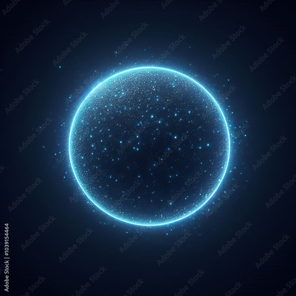 Fototapeta premium Blue sphere or circle bathed in blue light, floating amidst a vast, star-studded cosmos on black background