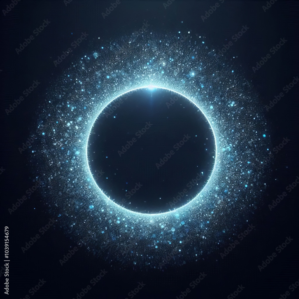 Fototapeta premium blue circle orbit with stars in the background, space for text, depicting a glowing planet and dark sky