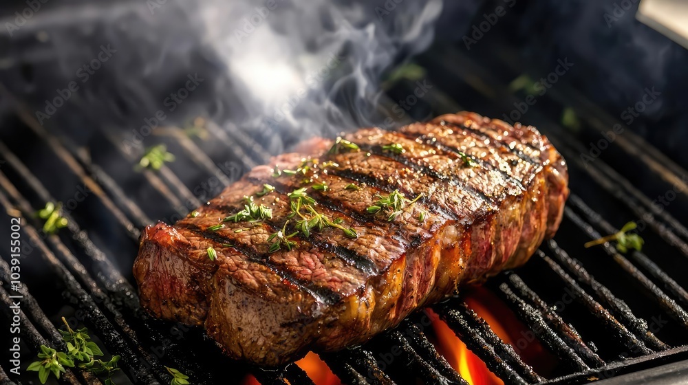 Juicy grilled steak with smoky aroma and garnished herbs, resting on a hot grill. Perfect for showcasing a delicious barbecue experience. Juicy grilled steak with smoky aroma and garnished herbs, resting on a hot grill. Perfect for showcasing a delicious barbecue experience.