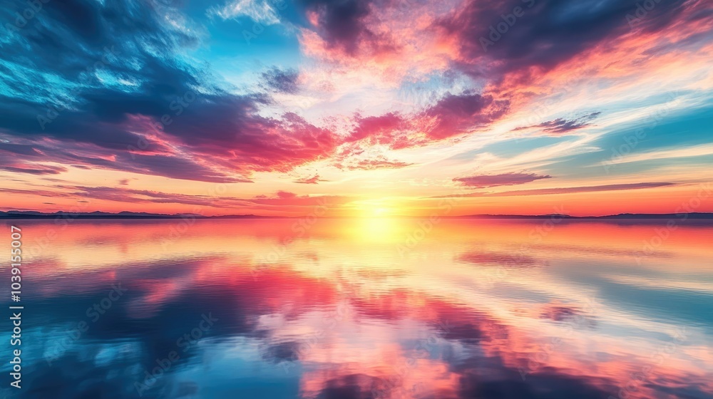Fototapeta premium Peaceful sunset with colorful skies reflected on a calm lake surface, creating a tranquil mood.