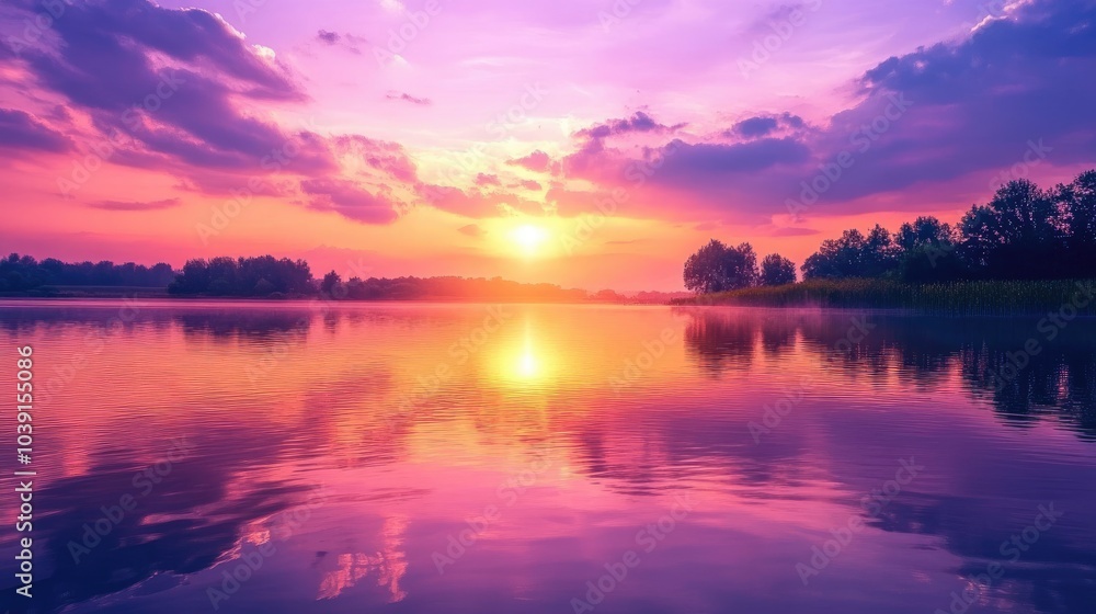 Pink and orange sunset reflecting on a serene lake, with purple skies and a peaceful atmosphere. Pink and orange sunset reflecting on a serene lake, with purple skies and a peaceful atmosphere.