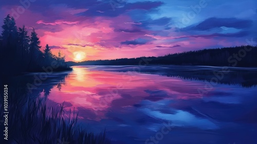 Wallpaper Mural Peaceful sunset reflection on calm lake, painting the sky with vibrant pink and purple hues. Torontodigital.ca