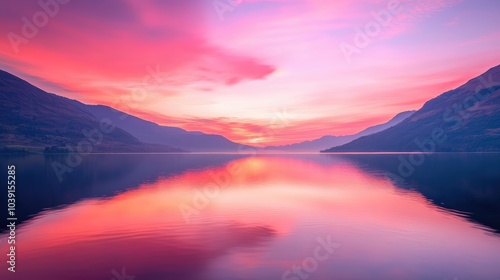 Wallpaper Mural Vibrant sunset with vivid pink and orange hues reflected on a calm lake, creating serenity. Torontodigital.ca