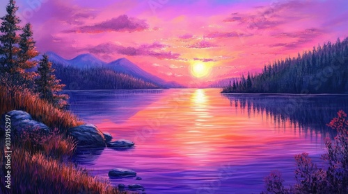 Vibrant sunset reflecting hues of pink, purple, and orange on a peaceful, tranquil lake.