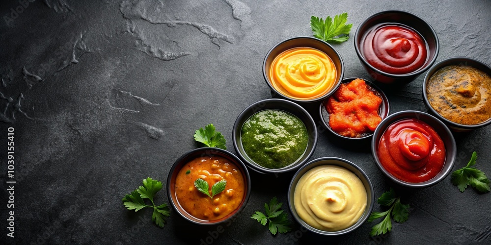 A Collection of Savory Dips and Sauces in Small Bowls Arranged on a Dark Surface A Collection of Savory Dips and Sauces in Small Bowls Arranged on a Dark Surface