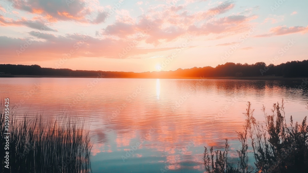 A peaceful sunset over a tranquil lake, with pink and orange hues reflected in the calm waters. A peaceful sunset over a tranquil lake, with pink and orange hues reflected in the calm waters.