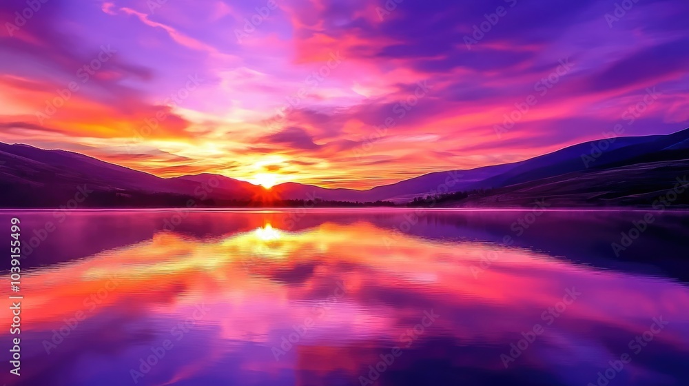 A vibrant sunset with pink, orange, and purple hues reflected on a calm lake, peaceful and serene. A vibrant sunset with pink, orange, and purple hues reflected on a calm lake, peaceful and serene.
