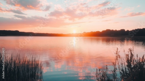Wallpaper Mural A peaceful sunset over a tranquil lake, with pink and orange hues reflected in the calm waters. Torontodigital.ca