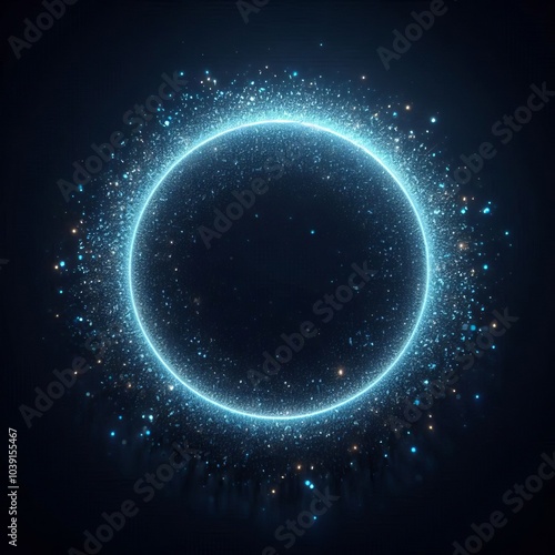 Blue sphere or circle bathed in blue light, floating amidst a vast, star-studded cosmos on black dark background