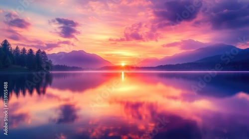 A vibrant sunset with pink, orange, and purple hues reflected on a calm lake, peaceful and serene.