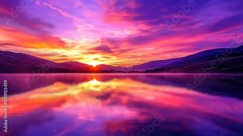 A vibrant sunset with pink, orange, and purple hues reflected on a calm lake, peaceful and serene.