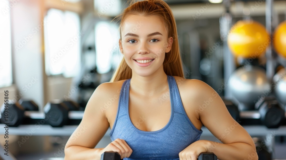 Fototapeta premium Fit woman lifts dumbbells on a bench, showcasing strength and determination in her workout at the gym.