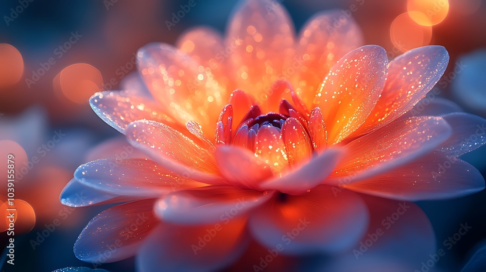 A close-up of a delicate pink flower with water droplets, glowing with soft light. A close-up of a delicate pink flower with water droplets, glowing with soft light.