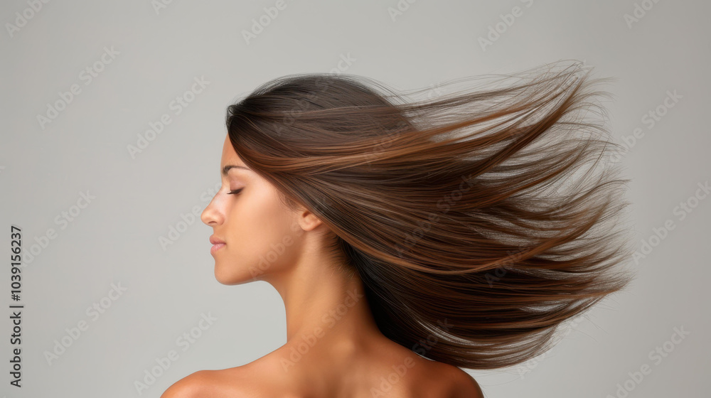 A stunning young female model displays vibrant hair movement, capturing elegance and beauty against a soft gray backdrop. A stunning young female model displays vibrant hair movement, capturing elegance and beauty against a soft gray backdrop.
