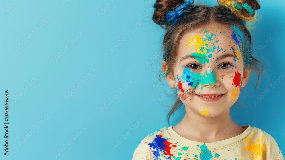 A joyful young girl, splashed with vibrant paint, embodies creativity and fun in this playful artfilled moment. A joyful young girl, splashed with vibrant paint, embodies creativity and fun in this playful artfilled moment.