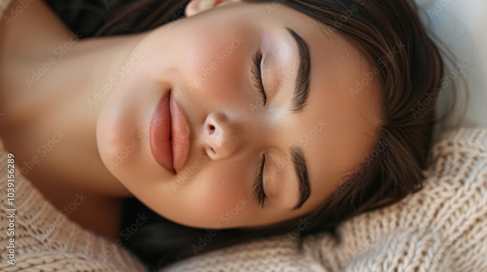 A serene scene of a young woman peacefully sleeping in her cozy bed, radiating beauty and calmness. A serene scene of a young woman peacefully sleeping in her cozy bed, radiating beauty and calmness.