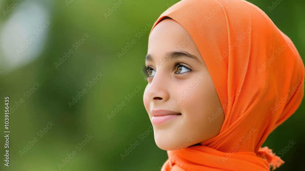 A lovely young woman in a vibrant headscarf gazes thoughtfully into the distance amidst a serene outdoor setting. A lovely young woman in a vibrant headscarf gazes thoughtfully into the distance amidst a serene outdoor setting.
