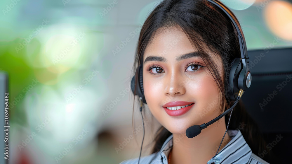 Young woman in a headset engages with clients, providing support and solutions in a bustling customer service center. Young woman in a headset engages with clients, providing support and solutions in a bustling customer service center.