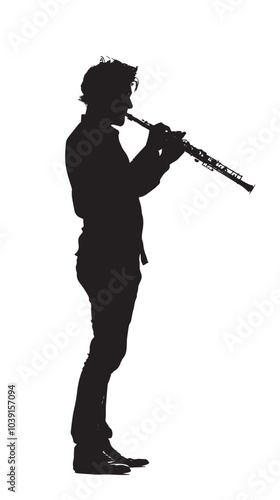 A man playing Flute silhouette isolated on white background