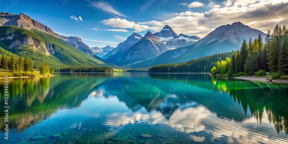Serene mountain lake reflecting a majestic sky with puffy clouds, surrounded by vibrant green trees and rugged peaks Serene mountain lake reflecting a majestic sky with puffy clouds, surrounded by vibrant green trees and rugged peaks