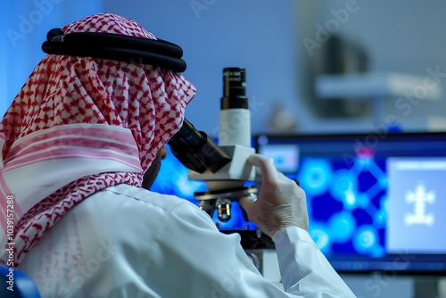 Saudi Gulf Arab man wearing a traditional white thobe and red shemagh, examining viruses with a microscope in the laboratory. photo