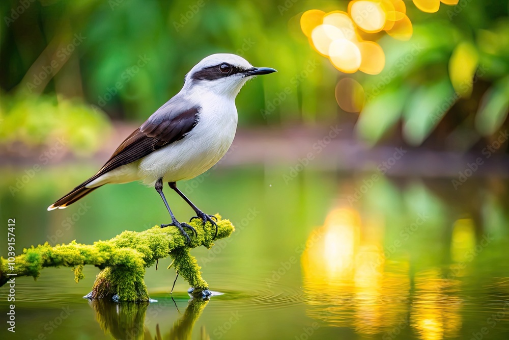 Obraz premium A mesmerizing bokeh highlights a Masked Water Tyrant (Fluvicola nengeta) gracefully perched, showcasing its beauty within a lush, vibrant natural setting that captivates.