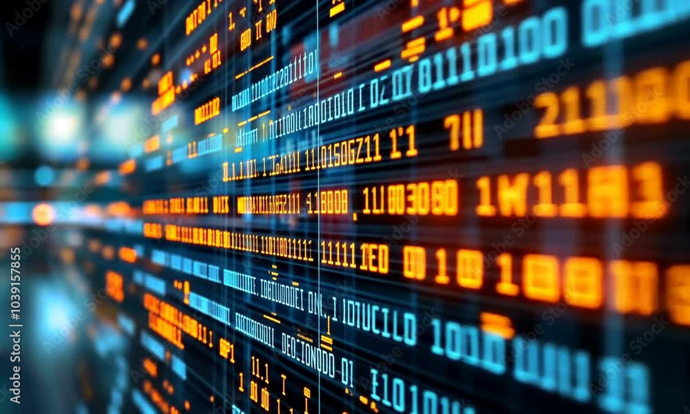 Close-up of binary code on a digital screen with orange and blue lights. Close-up of binary code on a digital screen with orange and blue lights.