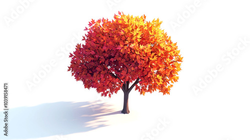 A single autumn tree with red, orange, and yellow leaves isolated on a white background with a shadow.