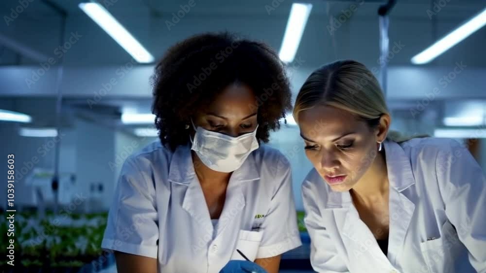 Female Biotechnologists Examining Plant Samples in Modern Laboratory
