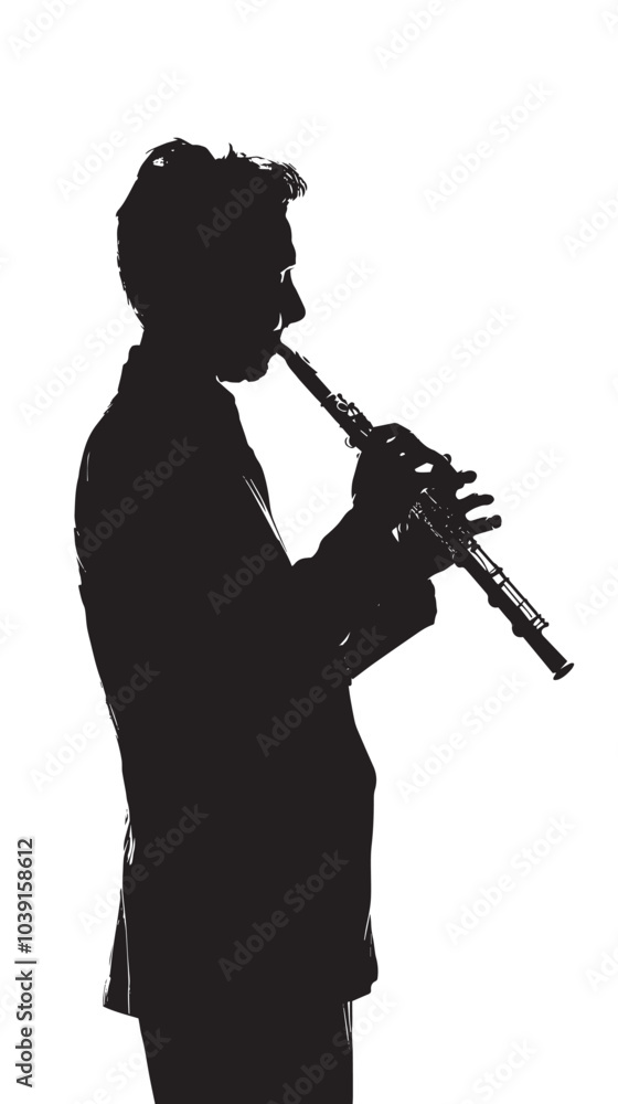 Fototapeta premium A man playing Flute silhouette isolated on white background
