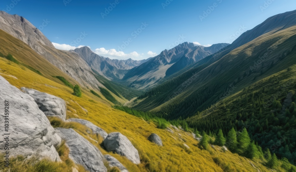 mountains with a valley in the middle of them and a few trees mountains with a valley in the middle of them and a few trees