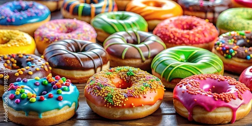 A symphony of colors and textures on a wooden surface, showcasing a delightful assortment of glazed and sprinkled donuts.