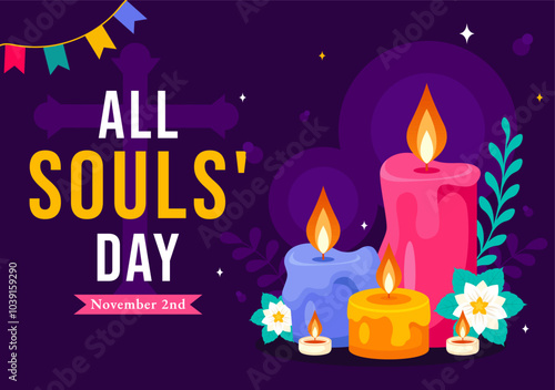 All Souls' Day Vector Illustration to Honor and Commemorate the Souls of Deceased Believers in the Christian Faith Featuring Candles in a Background