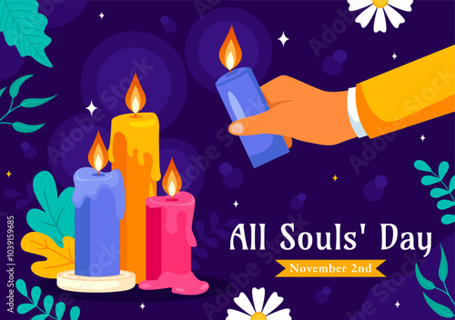 All Souls' Day Vector Illustration to Honor and Commemorate the Souls of Deceased Believers in the Christian Faith Featuring Candles in a Background