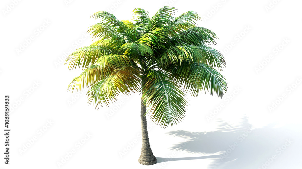 Obraz premium A single, green palm tree stands on a white background, casting a shadow.