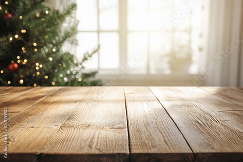 Empty wooden table with christmas theme