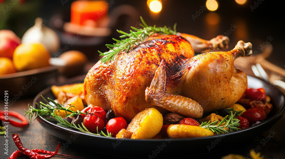 A beautifully roasted chicken surrounded by colorful vegetables and herbs, perfect for a feast. A beautifully roasted chicken surrounded by colorful vegetables and herbs, perfect for a feast.