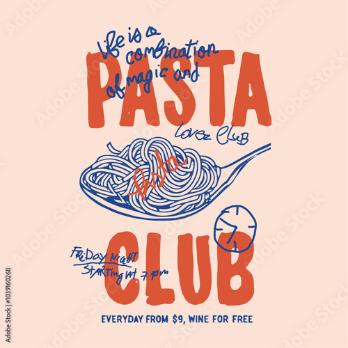 Minimalist Poster 'Pasta Club' Coral Red Text. hand drawn food and beverages vector illustration. pasta hand drawn poster for wall art. Vector illustration