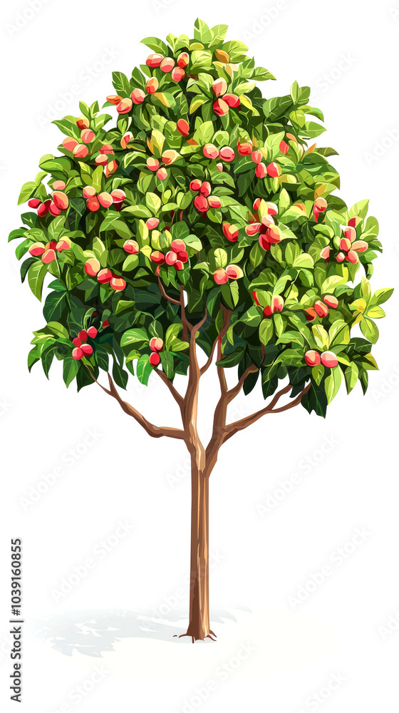 Fototapeta premium A small, leafy tree with red berries growing on its branches. The tree is isolated on a white background.