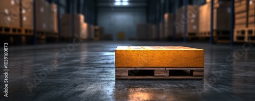 Wooden pallet on warehouse floor, dim lighting with storage shelves in background. photo