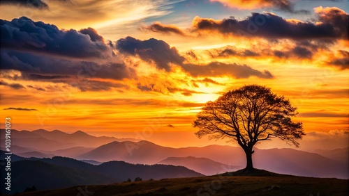 A solitary tree stands tall against a vibrant backdrop of fiery orange and pink hues, as the sun dips below the horizon, casting long shadows over the rolling hills.