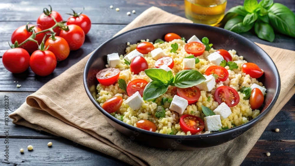 A vibrant salad featuring fluffy couscous, ripe tomatoes, and tangy feta cheese, perfect for a refreshing and nutritious meal. Simple and deliciously satisfying! A vibrant salad featuring fluffy couscous, ripe tomatoes, and tangy feta cheese, perfect for a refreshing and nutritious meal. Simple and deliciously satisfying!