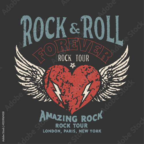 rock and roll artwork design. boys and girls vector t shirt design. poster artwork for apparel. Animal rock and roll artwork for fashion and others. Vintage Rock Poster With Heart, Lightning,