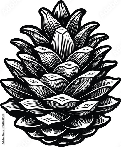 Black and White Pine Cone Engraving - Illustration on White Background