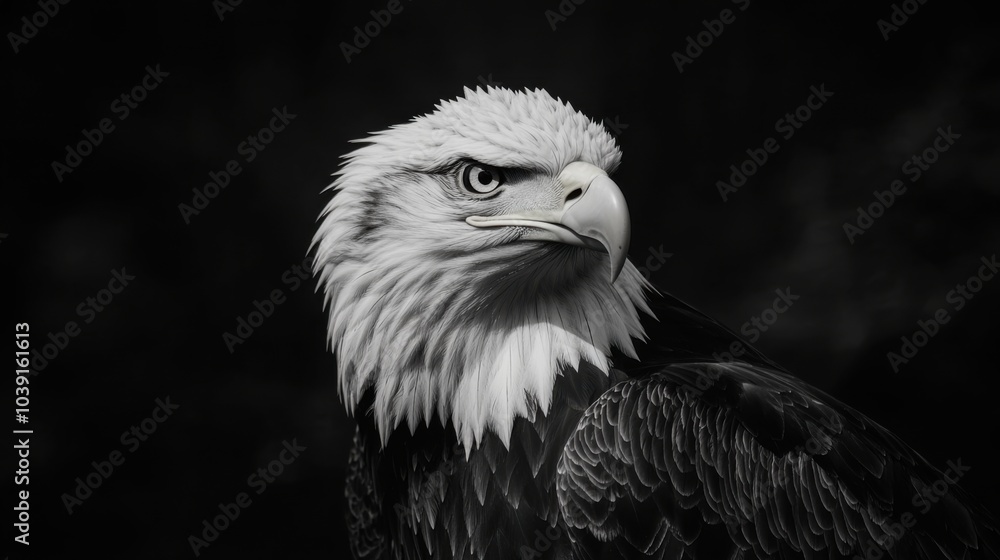 A striking black and white portrait of a majestic eagle. A striking black and white portrait of a majestic eagle.