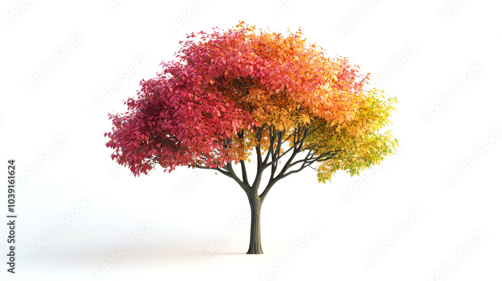 Fototapeta premium A vibrant autumn tree with red, orange, and yellow leaves against a white background.