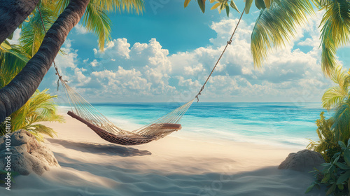 A serene beach scene featuring a hammock between palm trees, inviting relaxation by the ocean.