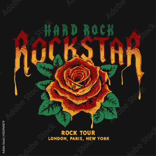 Rock star. Rock and roll vector graphic print design for apparel, posters, background and others. Hard rock logo design. Red rose flower artwork. Wild spirit. World music tour poster.